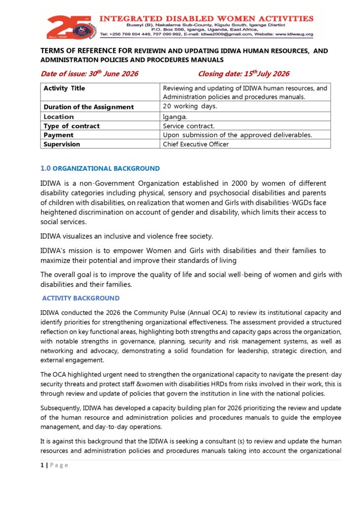 TERMS OF REFERENCE: REVIEWING & UPDATING IDIWA HUMAN RESOURCES, ADMINISTRATION POLICIES & PROCEDURES MANUAL