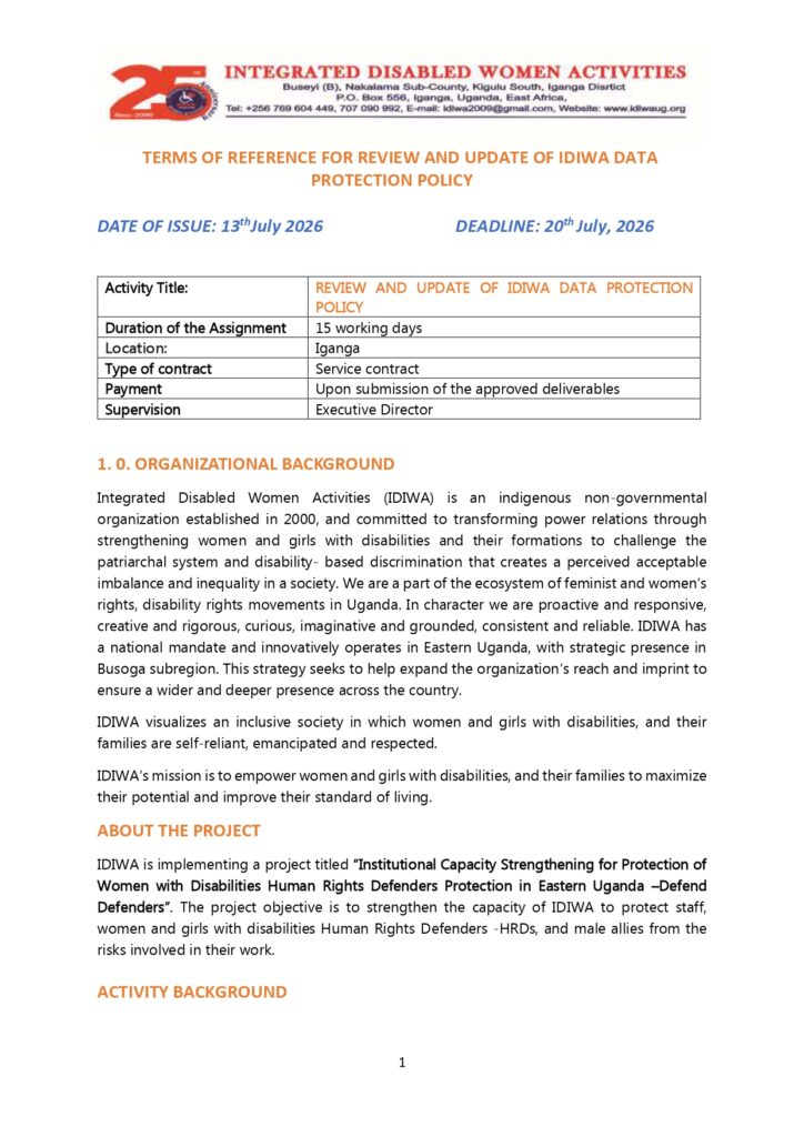 TERMS OF REFERENCE FOR REVIEW AND UPDATE OF IDIWA DATA PROTECTION POLICY